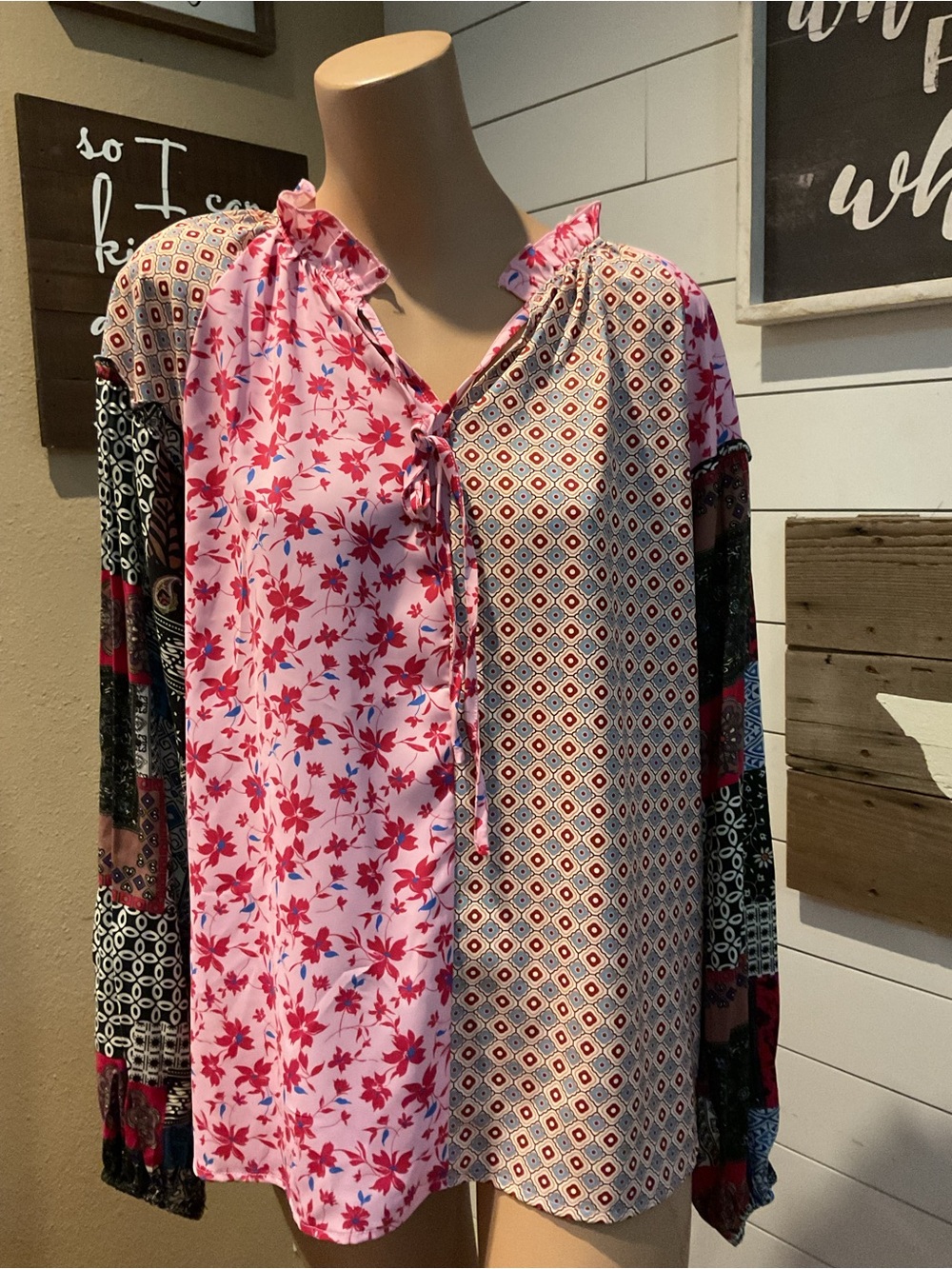 Pink Boho Mixed Floral Drop Shoulder Bubble Sleeve Top Medium NWT